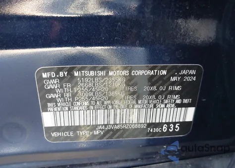 2024 Mitsubishi Outlander Se 2.5 2Wd/Se Black Edition S-Awc/Se Black Edition W/Pano Roof S-Awc from USA, damaged, VIN JA4J3VA85RZ068892